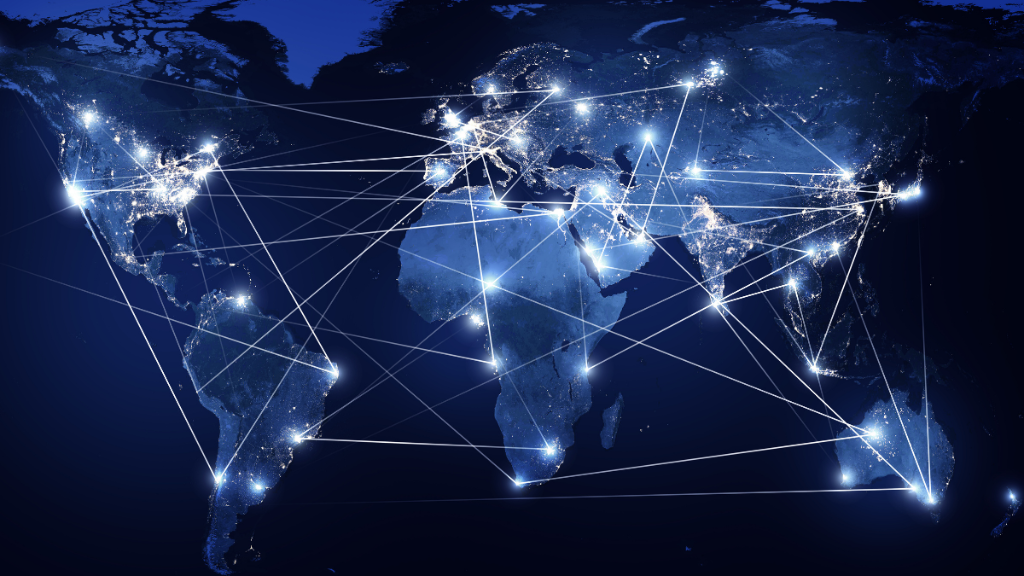 planisphère avec des lignes reliées entre elles montrant l'interdépendance du système Internet mondial