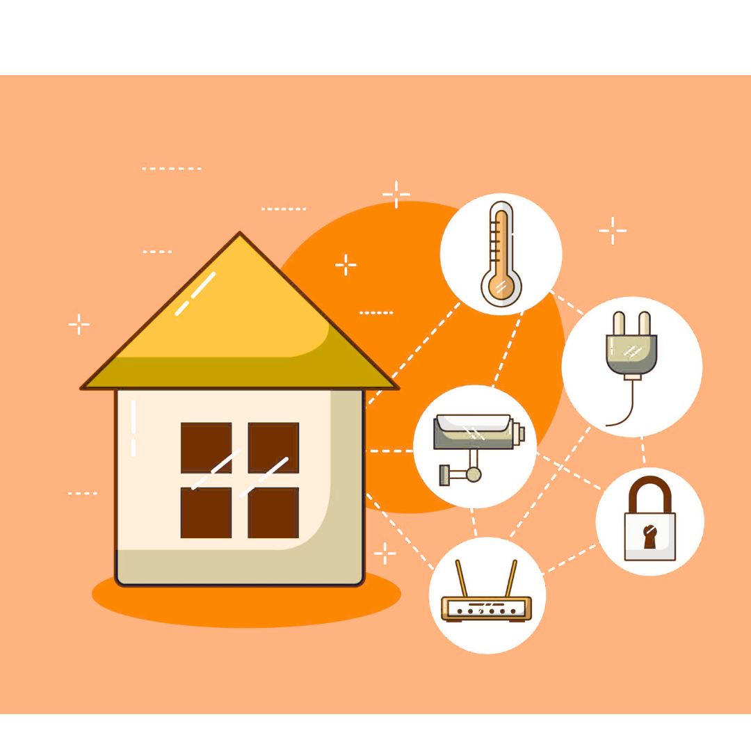 plusieurs appareils connectés entre eux (thermostats, caméras, box) dans une maison illustrant la portée locale du Wi-Fi